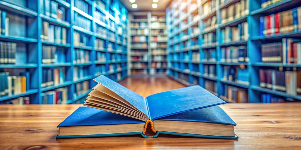 Background image showing a cozy library with fiction books by famous authors on shelves, warm lighting
